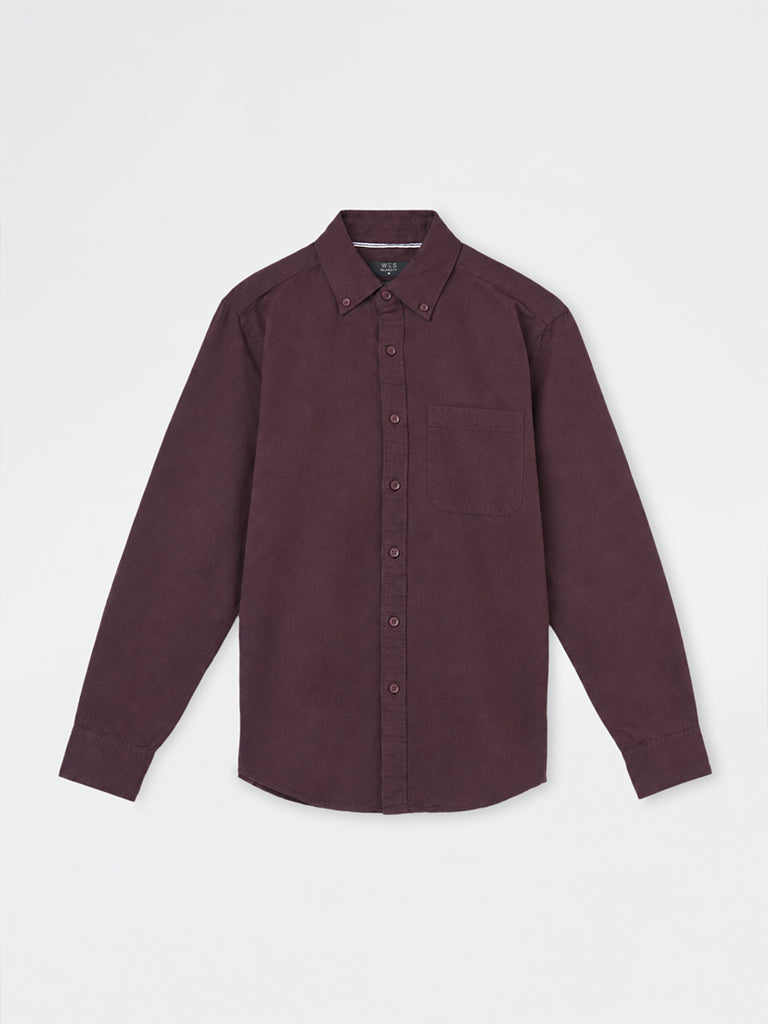 WES Casuals Wine Solid Relaxed-Fit Cotton Shirt