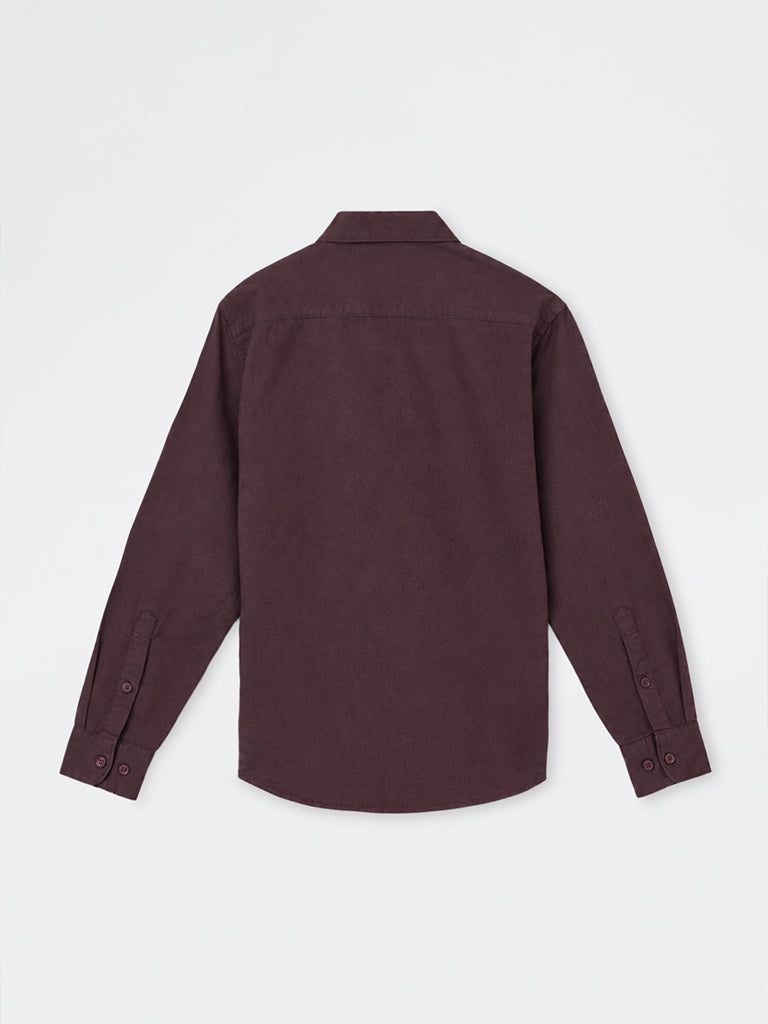 WES Casuals Wine Solid Relaxed-Fit Cotton Shirt