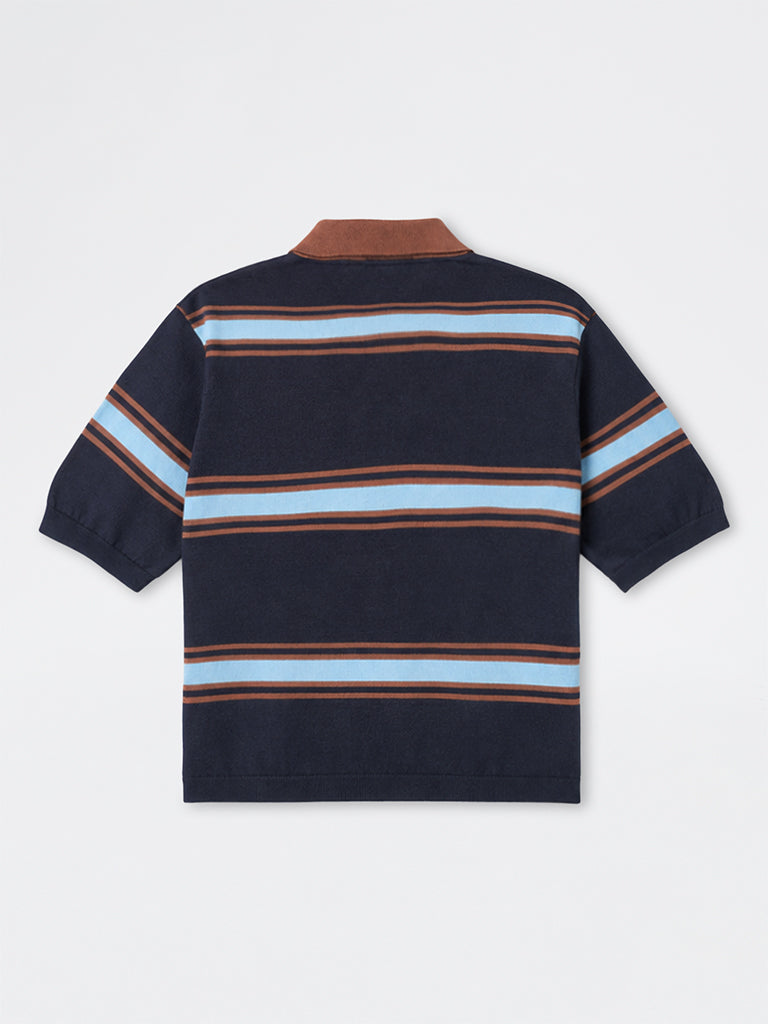 WES Casuals Navy Striped Relaxed-Fit Cotton Polo T-Shirt