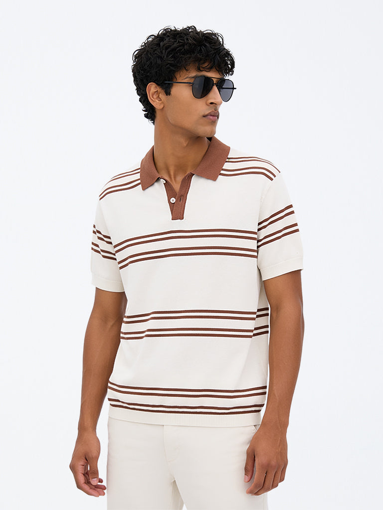 WES Casuals Off-White Striped Relaxed-Fit Cotton Polo T-Shirt