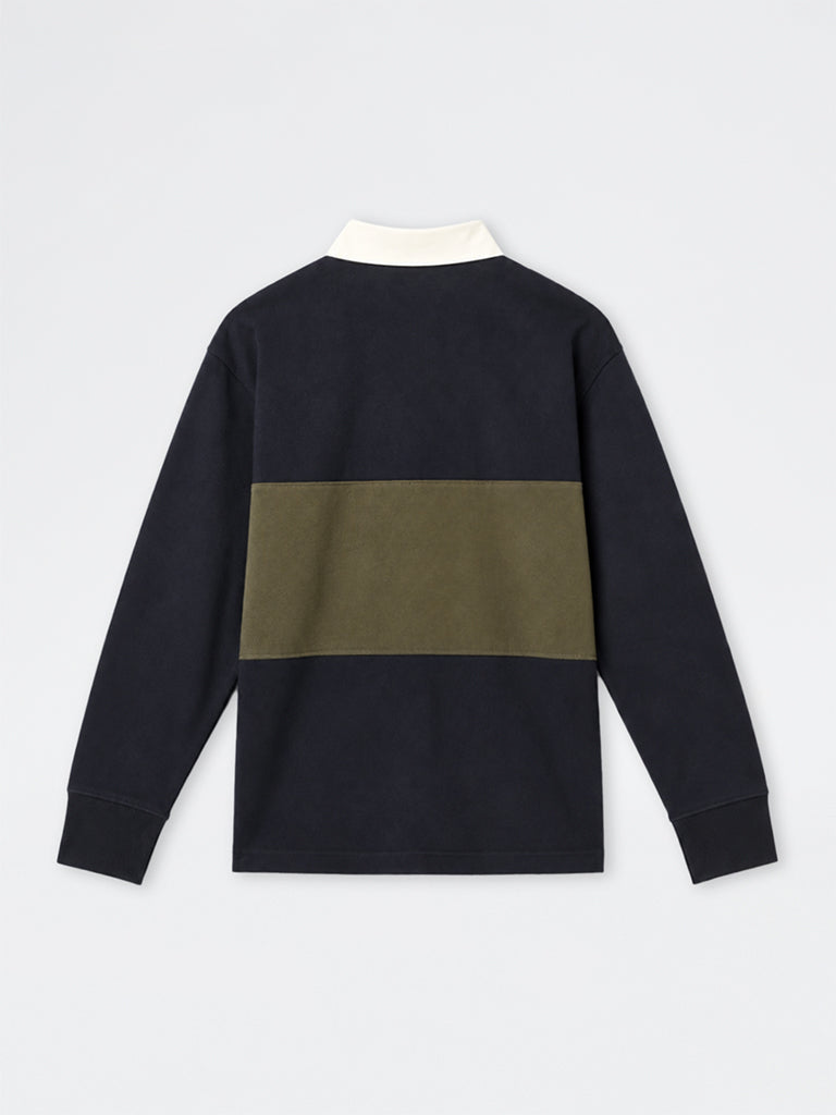 WES Casuals Navy Colour-Blocked Relaxed-Fit Cotton-Blend Polo T-Shirt