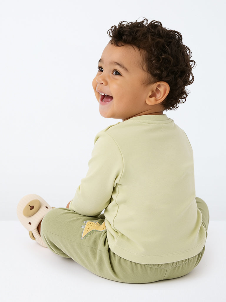 HOP Baby Boys Sage Dinosaur Design Cotton T-Shirt and Pants Set