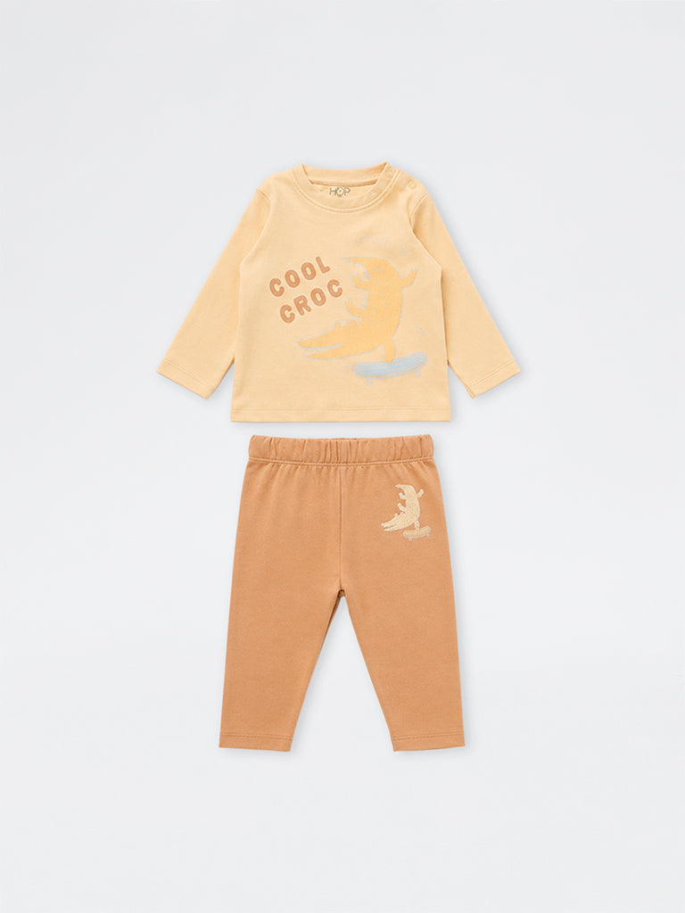 HOP Baby Boys Orange Animal-Embroidered Cotton T-Shirt and Pants Set