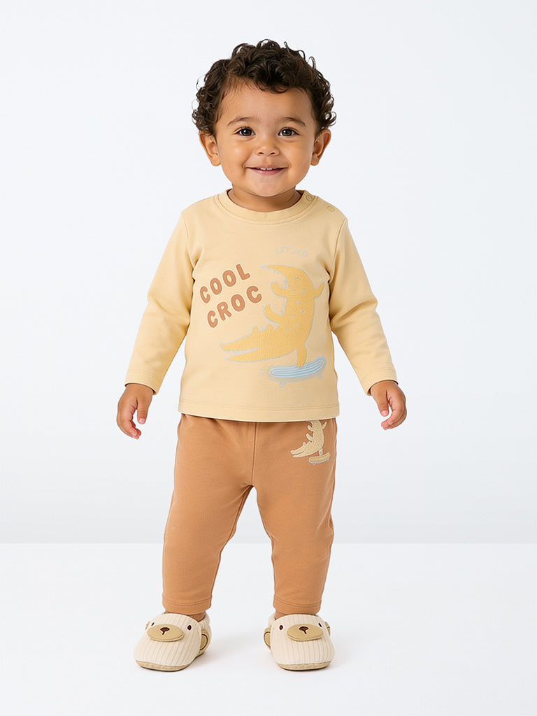 HOP Baby Boys Orange Animal-Embroidered Cotton T-Shirt and Pants Set