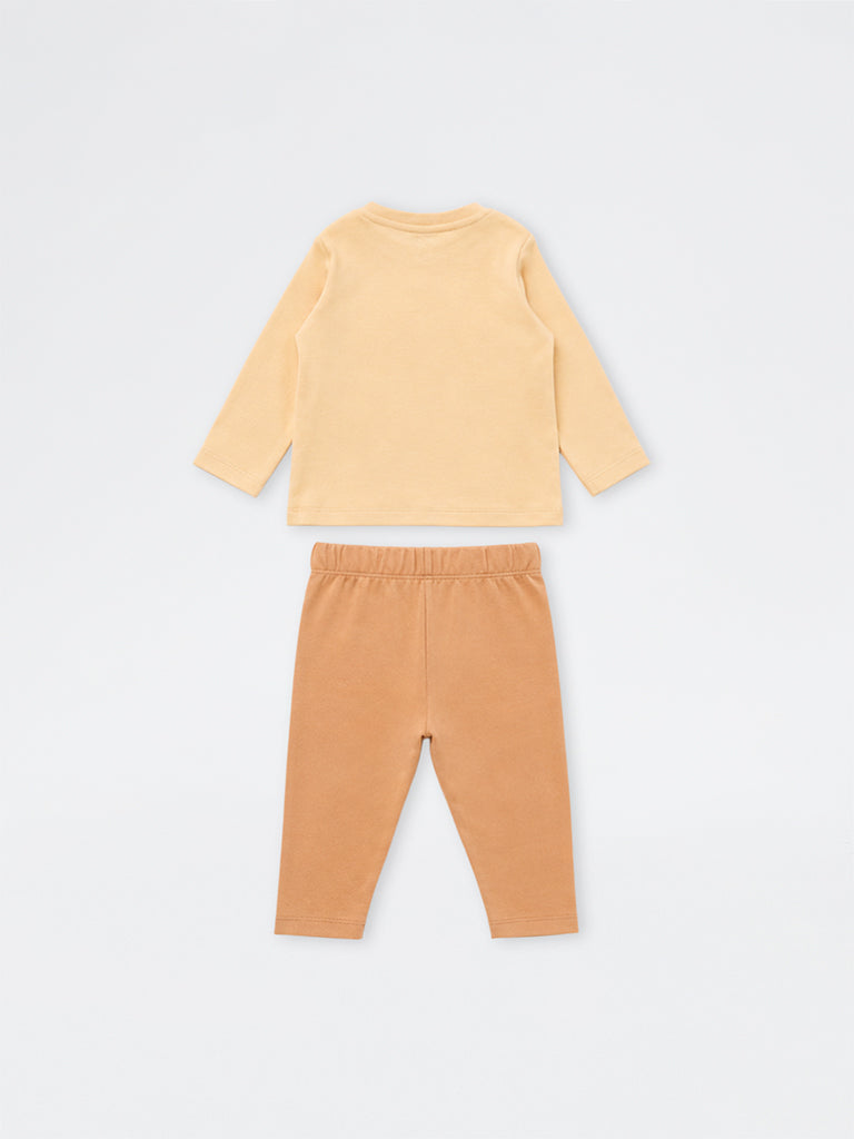HOP Baby Boys Orange Animal-Embroidered Cotton T-Shirt and Pants Set