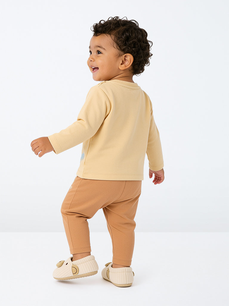 HOP Baby Boys Orange Animal-Embroidered Cotton T-Shirt and Pants Set