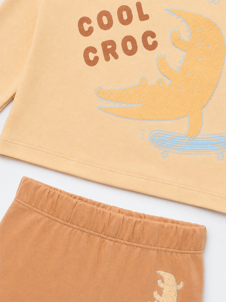 HOP Baby Boys Orange Animal-Embroidered Cotton T-Shirt and Pants Set