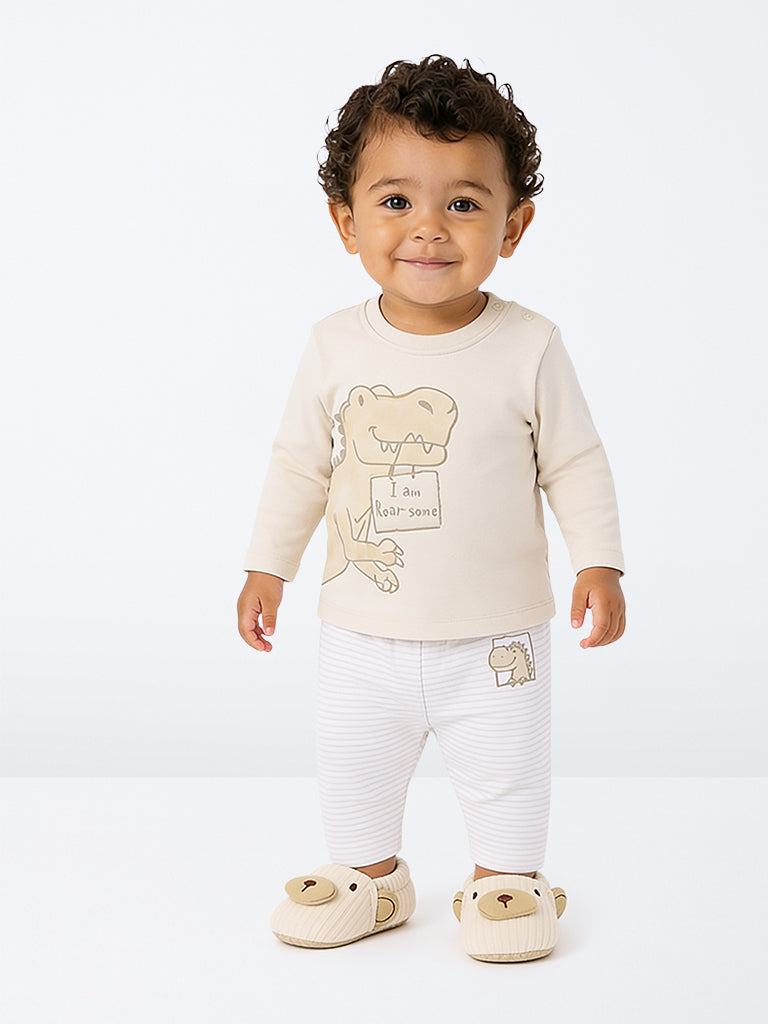HOP Baby Boys Light Beige Dinosaur Printed Cotton T-Shirt and Pants Set