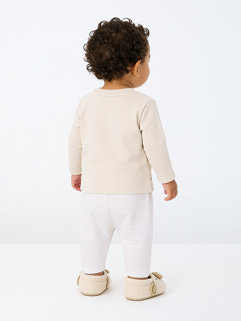 HOP Baby Boys Light Beige Dinosaur Printed Cotton T-Shirt and Pants Set