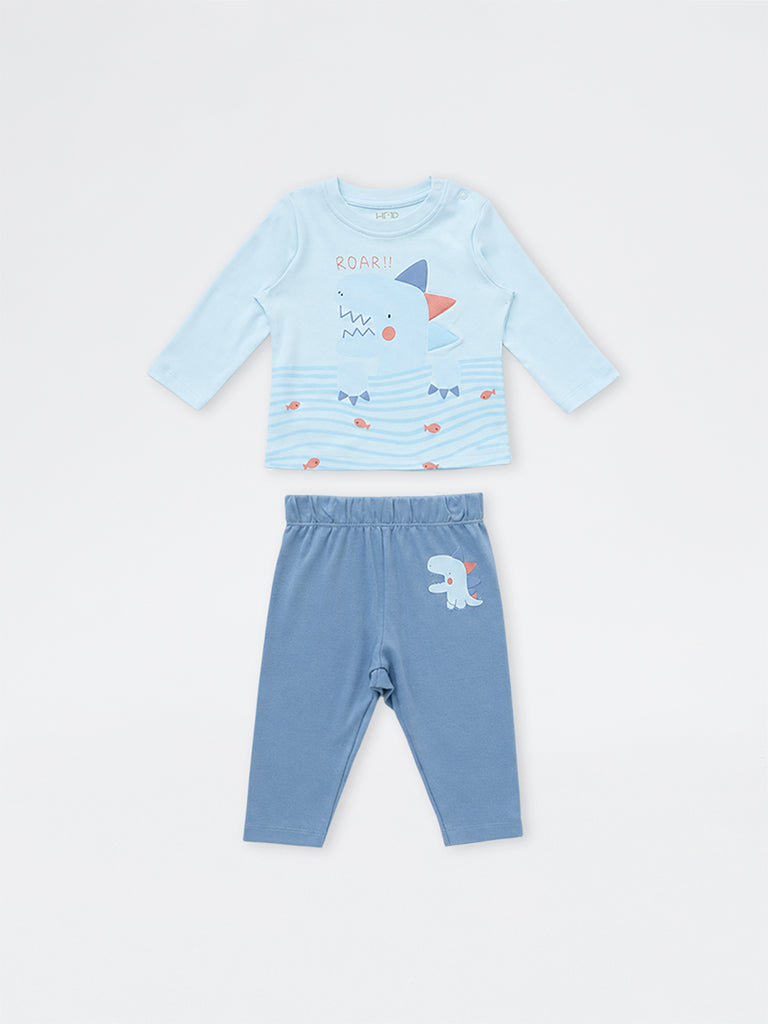 HOP Baby Boys Blue Dinosaur Printed Cotton T-Shirt and Pants Set