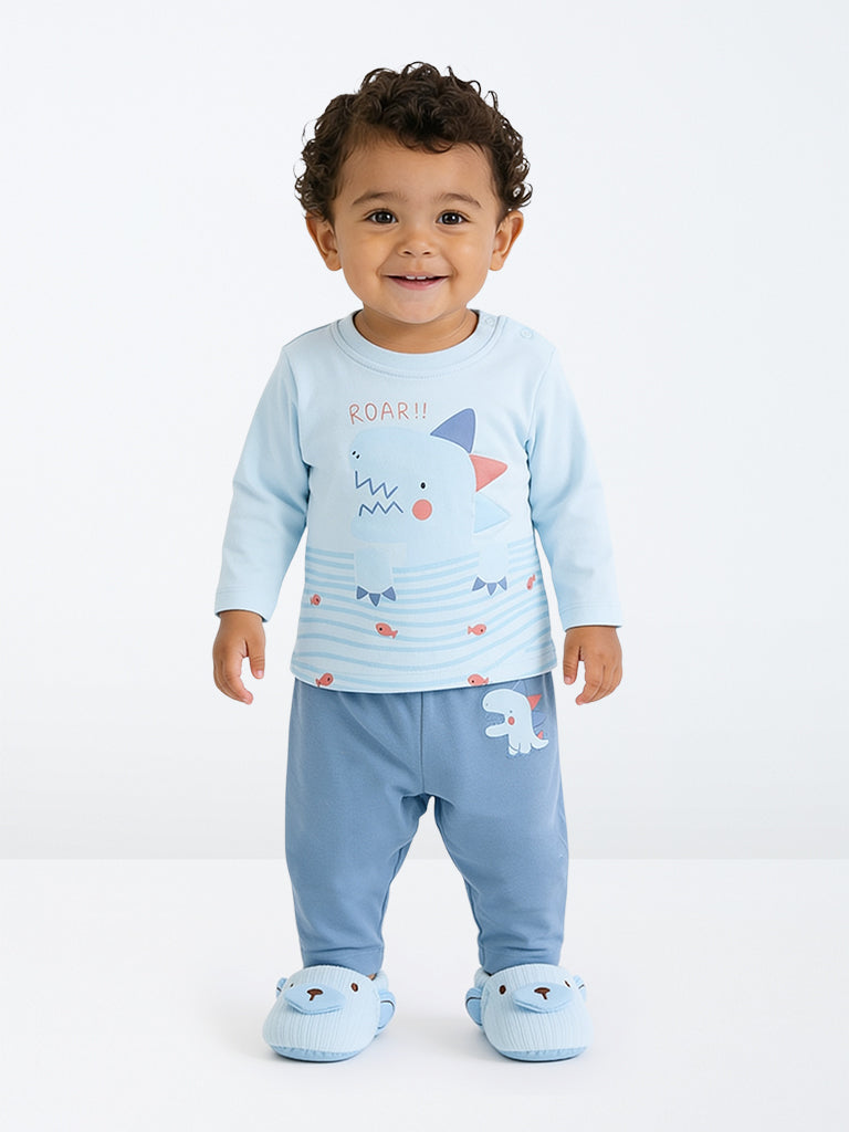 HOP Baby Boys Blue Dinosaur Printed Cotton T-Shirt and Pants Set