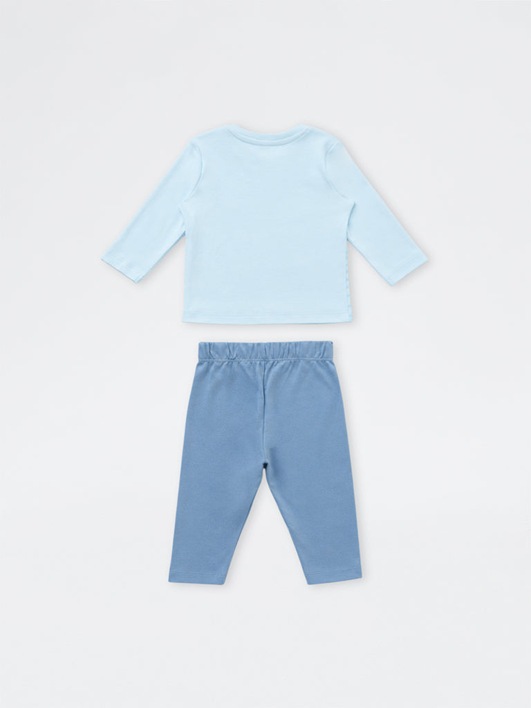 HOP Baby Boys Blue Dinosaur Printed Cotton T-Shirt and Pants Set