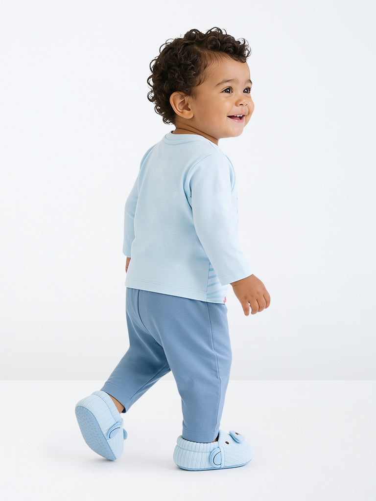 HOP Baby Boys Blue Dinosaur Printed Cotton T-Shirt and Pants Set