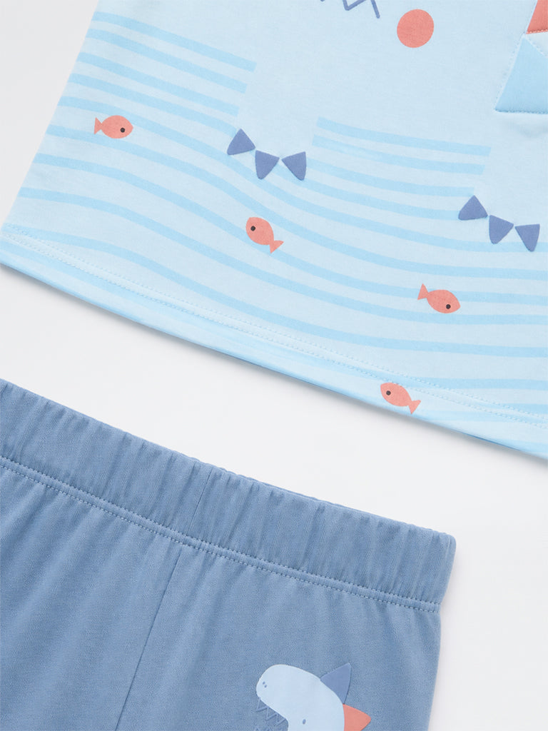 HOP Baby Boys Blue Dinosaur Printed Cotton T-Shirt and Pants Set