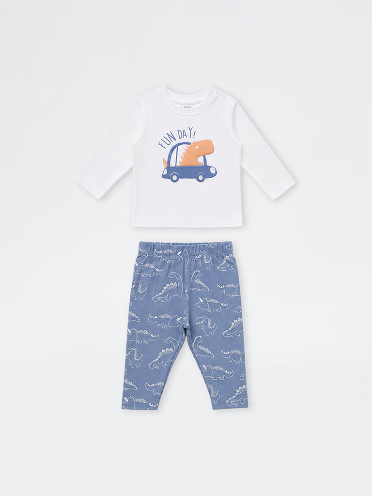 HOP Baby Boys White Dinosaur Printed Cotton T-Shirt and Pants Set
