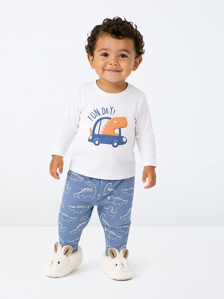 HOP Baby Boys White Dinosaur Printed Cotton T-Shirt and Pants Set