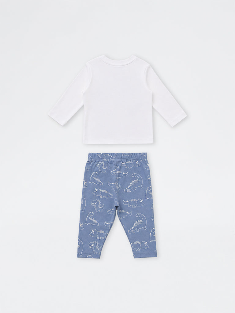 HOP Baby Boys White Dinosaur Printed Cotton T-Shirt and Pants Set