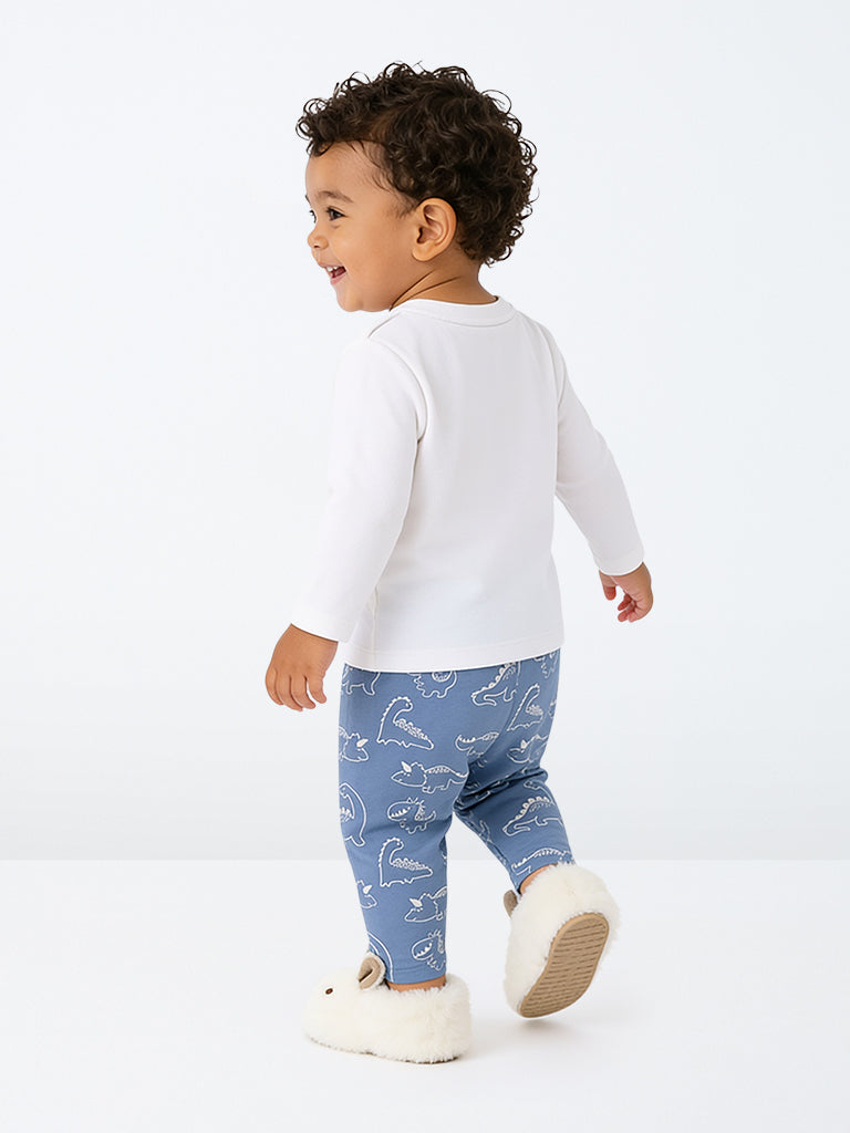 HOP Baby Boys White Dinosaur Printed Cotton T-Shirt and Pants Set