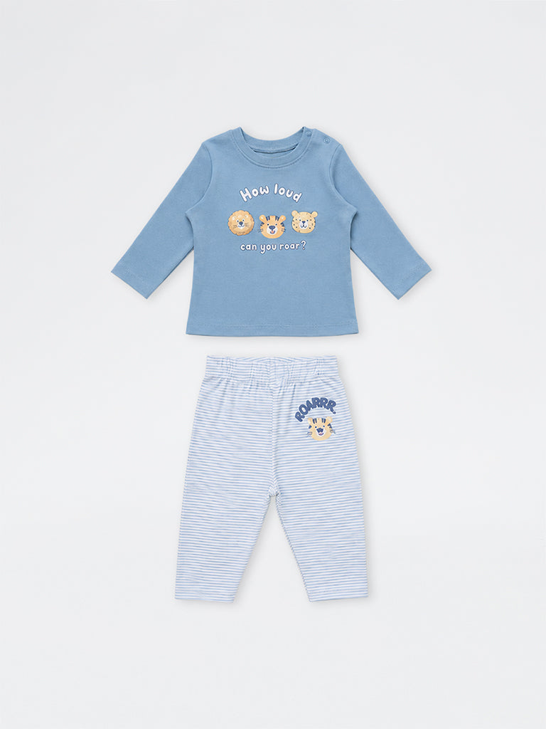 HOP Baby Boys Dusty Blue Animal Printed Cotton T-Shirt and Pants Set