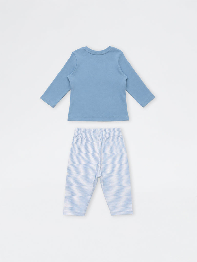 HOP Baby Boys Dusty Blue Animal Printed Cotton T-Shirt and Pants Set