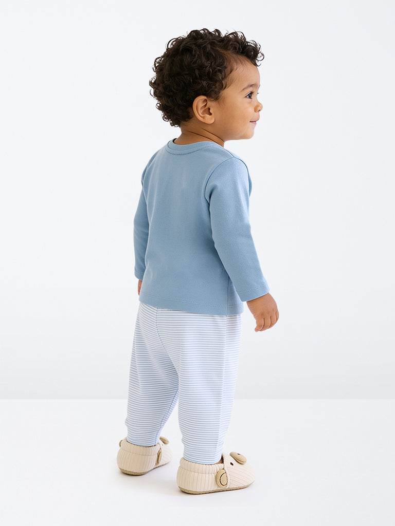 HOP Baby Boys Dusty Blue Animal Printed Cotton T-Shirt and Pants Set