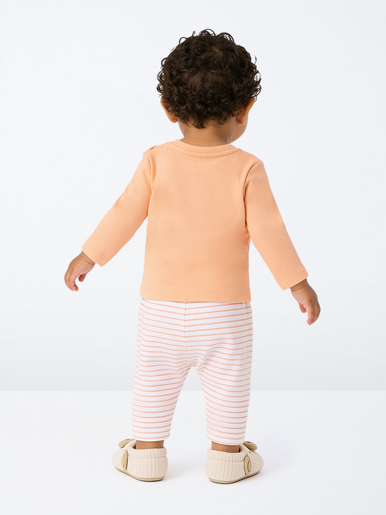 HOP Baby Boys Orange Shark Printed Cotton T-Shirt and Pants Set