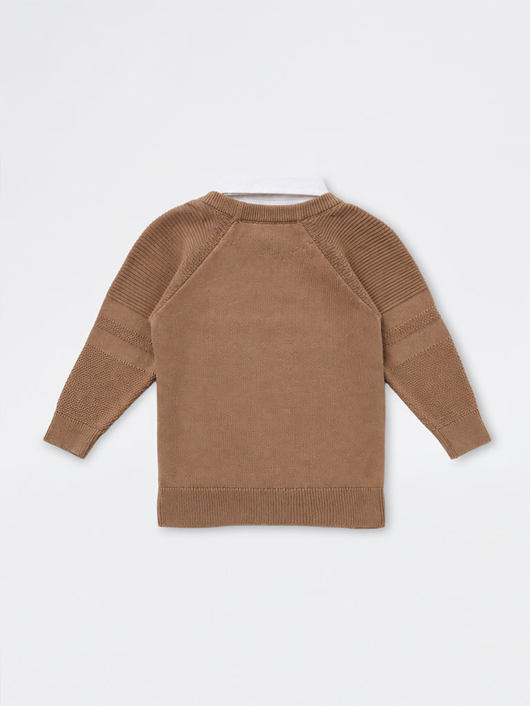 HOP Baby Boys Brown Cable-Knit Cotton Sweater
