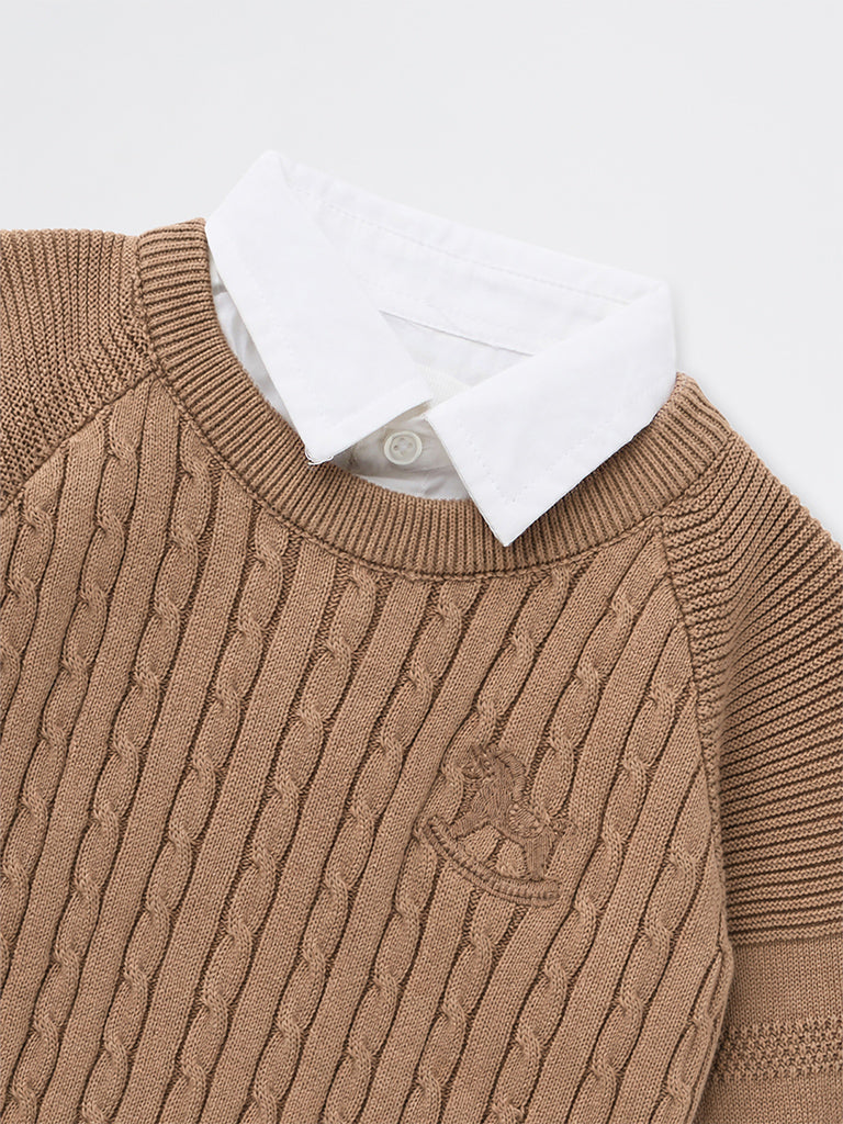 HOP Baby Boys Brown Cable-Knit Cotton Sweater