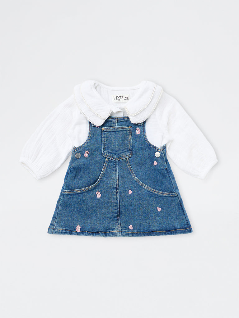 HOP Baby Girls Blue Embroidered Denim Pinafore and T-Shirt Set
