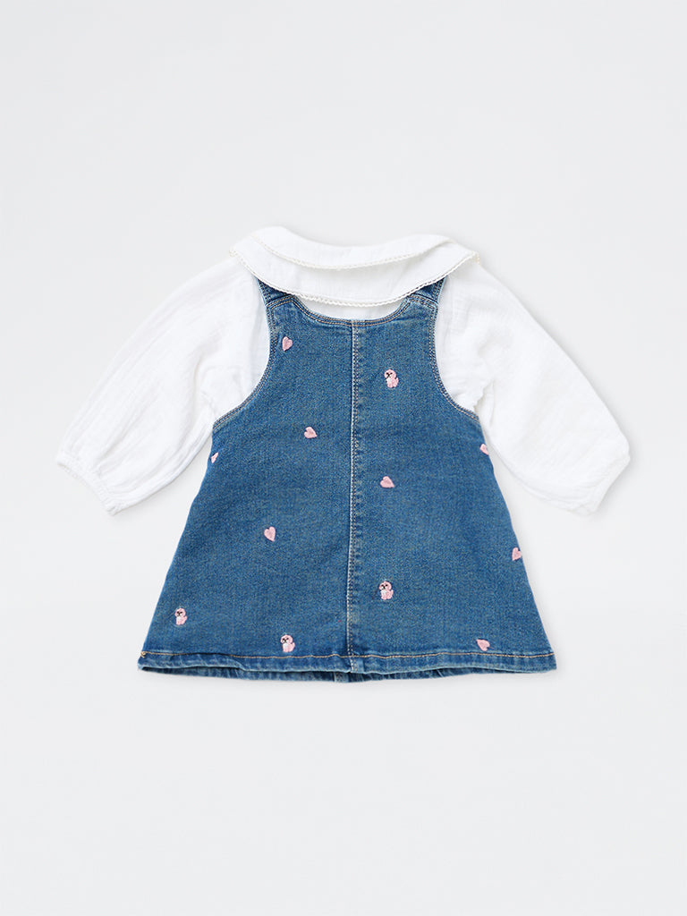 HOP Baby Girls Blue Embroidered Denim Pinafore and T-Shirt Set