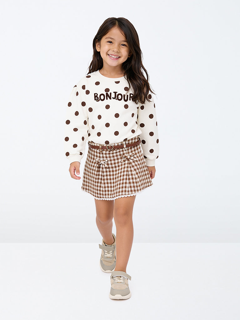 HOP Kids Girls Brown Gingham Checkered Cotton High-Rise Skirt with Belt