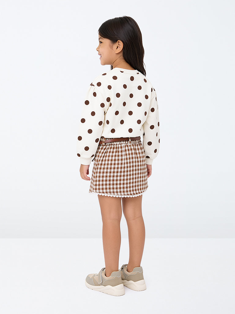 HOP Kids Girls Brown Gingham Checkered Cotton High-Rise Skirt with Belt