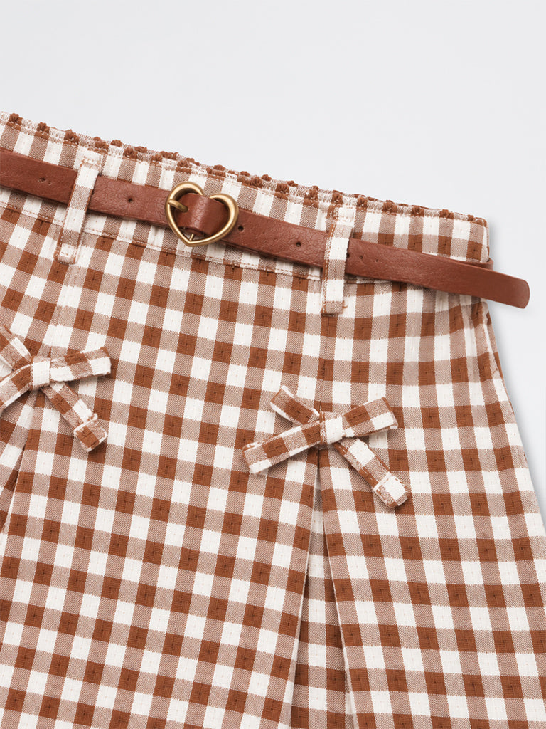 HOP Kids Girls Brown Gingham Checkered Cotton High-Rise Skirt with Belt