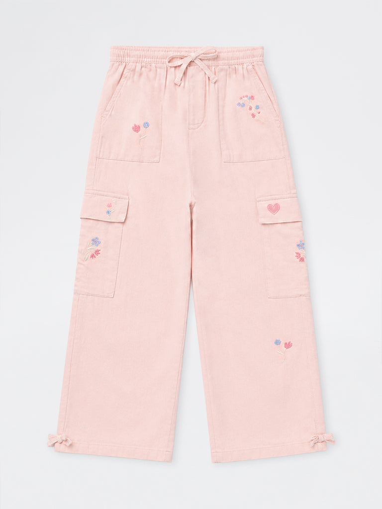 HOP Kids Girls Pink Floral Embroidered High-Rise Cotton-Blend Pants