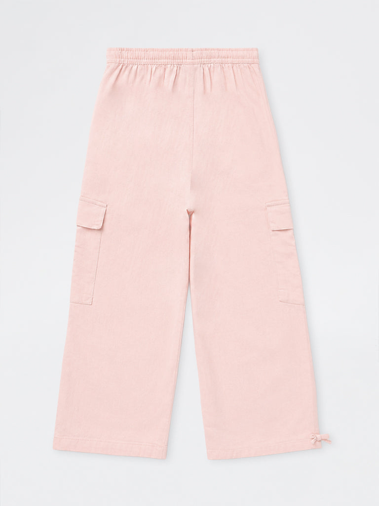 HOP Kids Girls Pink Floral Embroidered High-Rise Cotton-Blend Pants
