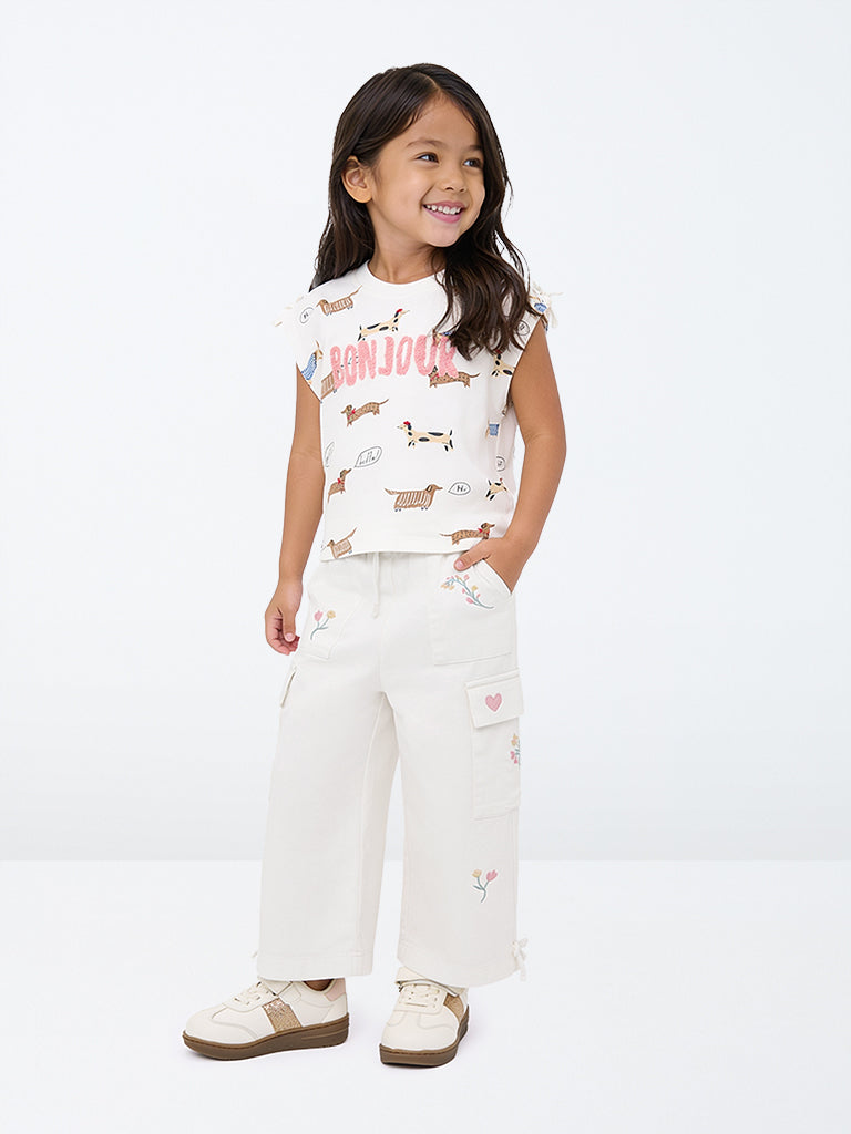 HOP Kids Girls White Embroidered High-Rise Cotton-Blend Trousers