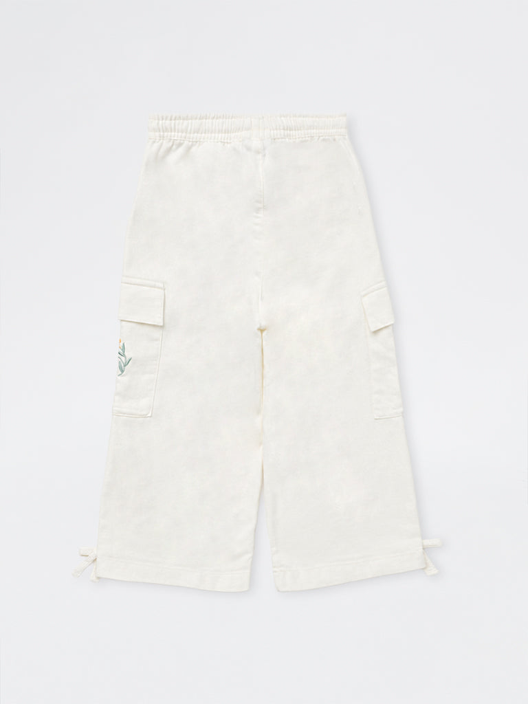 HOP Kids Girls White Embroidered High-Rise Cotton-Blend Trousers