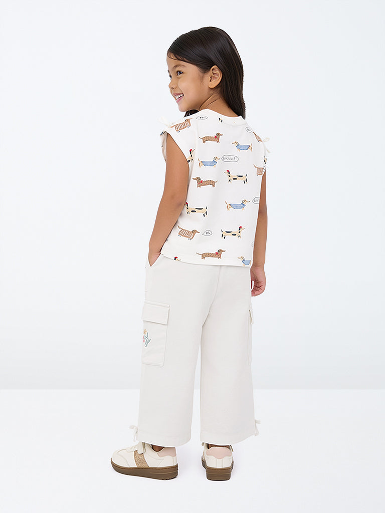 HOP Kids Girls White Embroidered High-Rise Cotton-Blend Trousers
