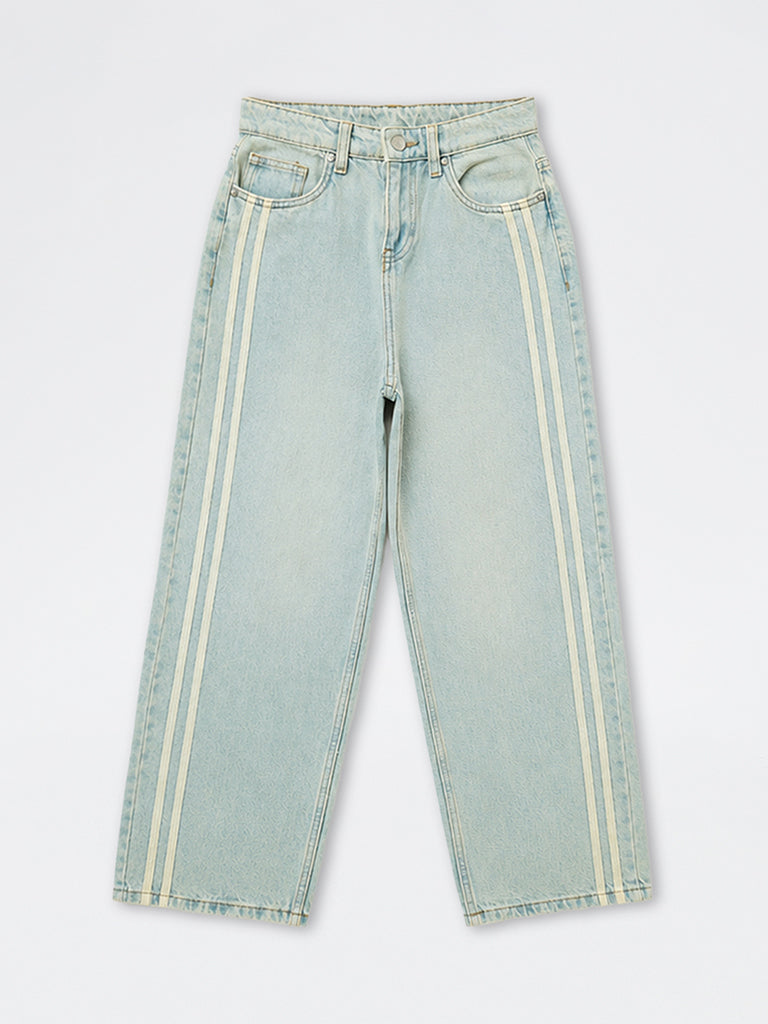 Boys Light Blue Striped Mid-Rise Jeans