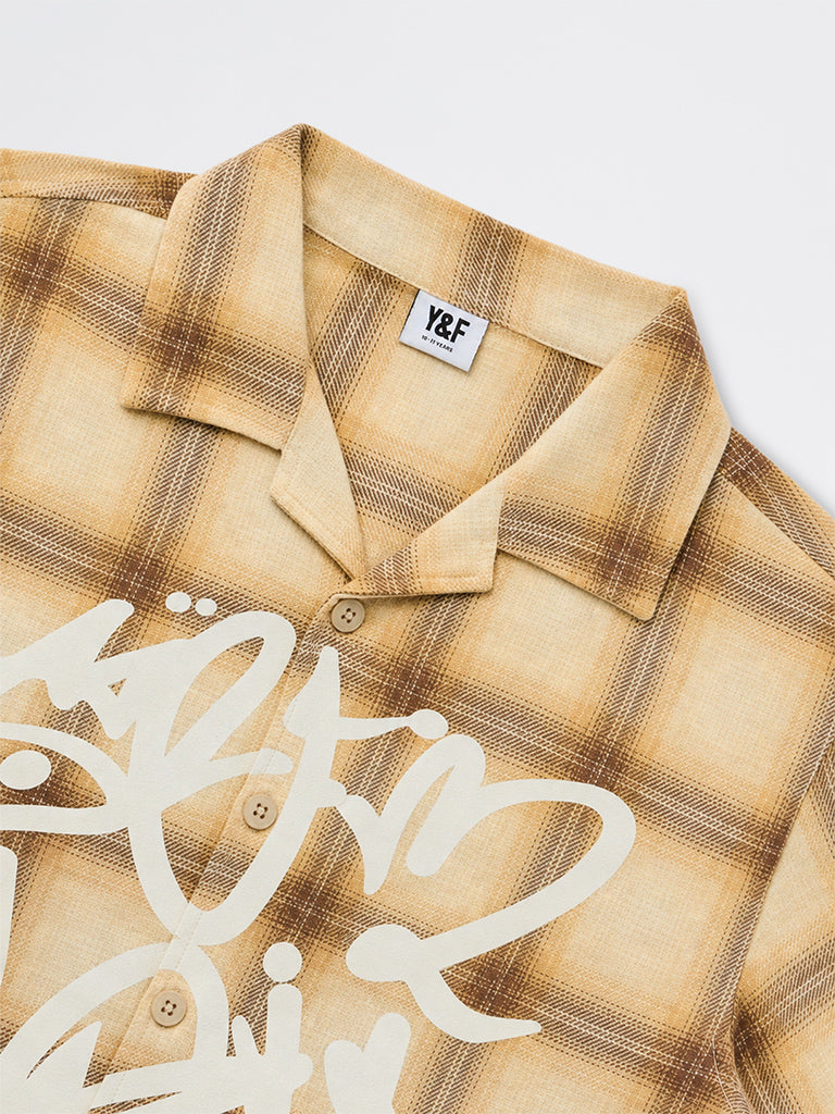 Boys Beige Checkered Cotton Shirt
