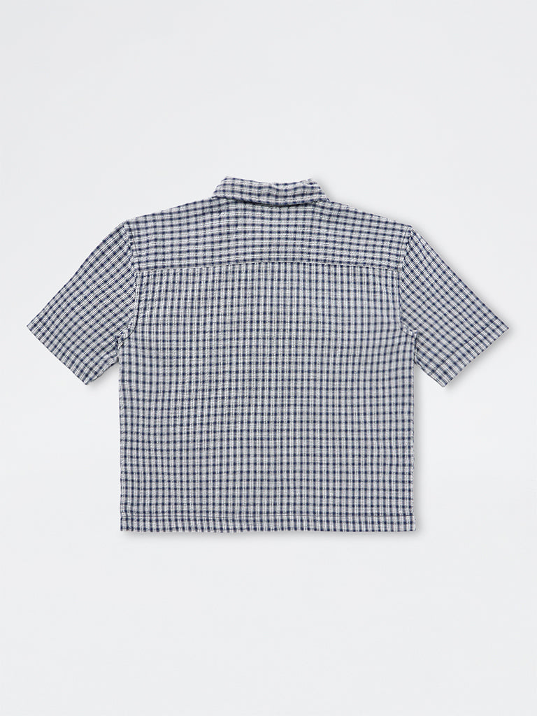 Boys Navy Checkered Cotton Shirt