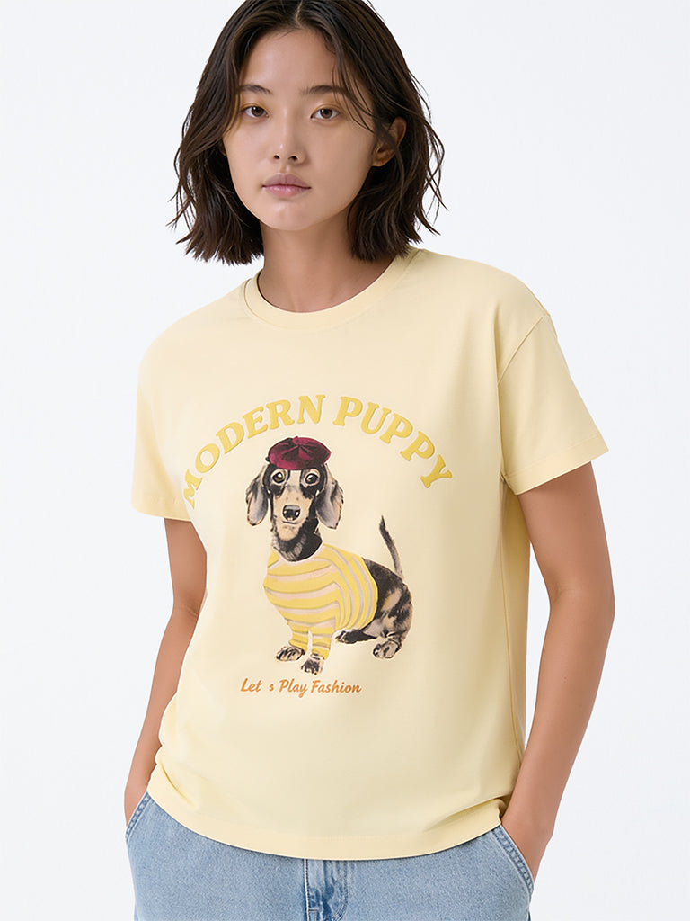 Girls Yellow Dog Printed Cotton T-Shirt