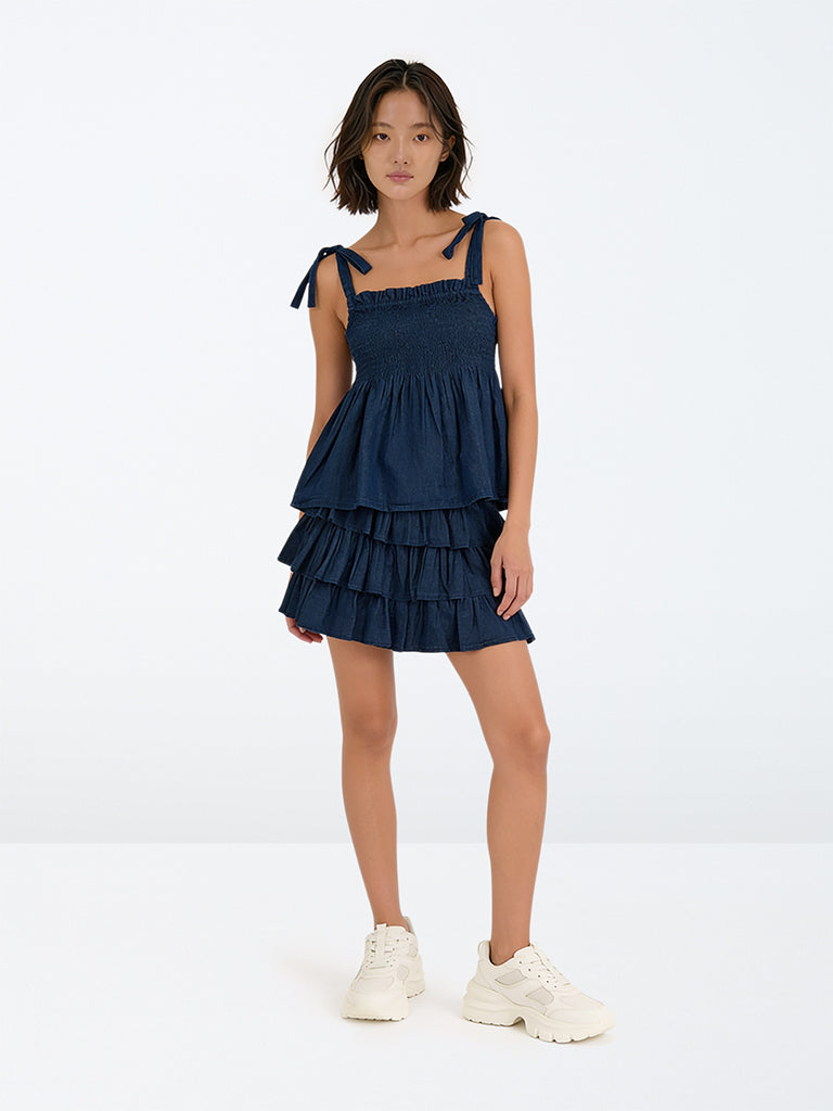 Girls Dark Blue Tiered High-Rise Denim Skirt