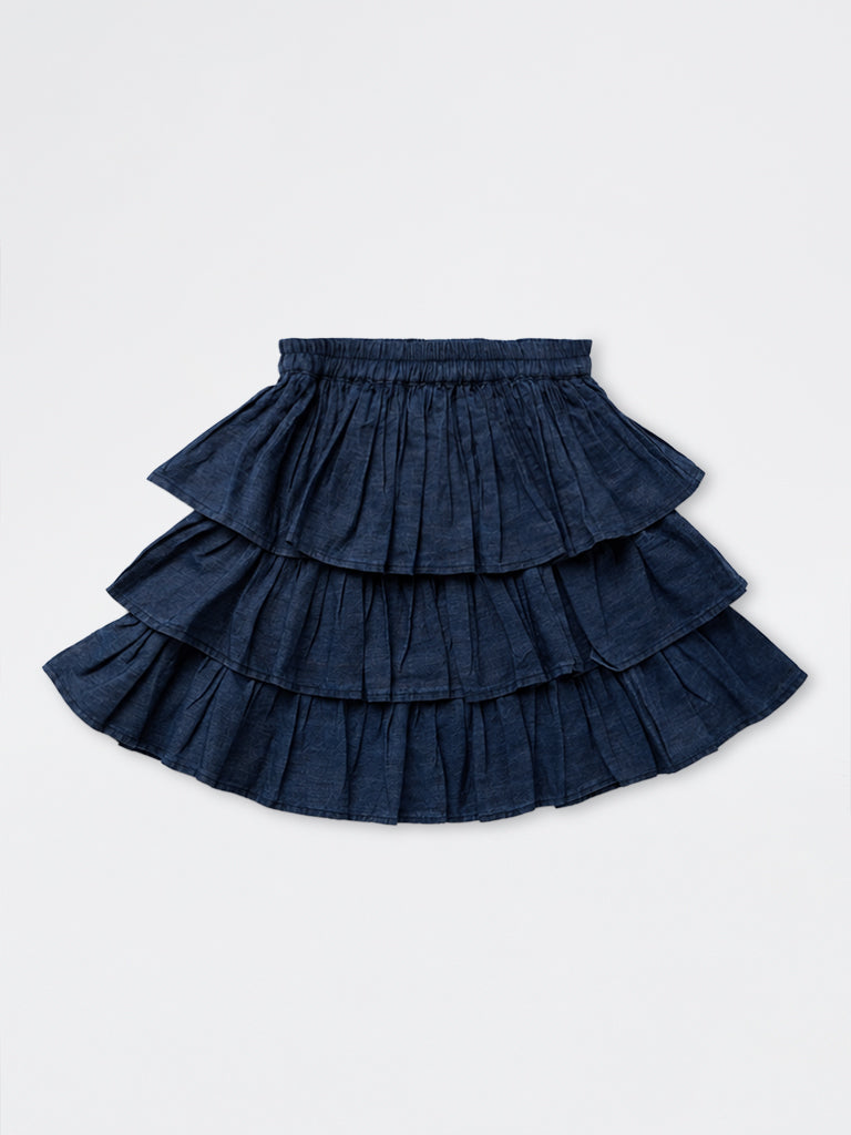 Girls Dark Blue Tiered High-Rise Denim Skirt
