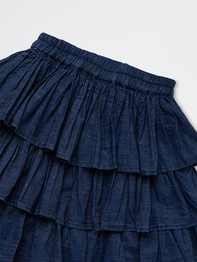 Girls Dark Blue Tiered High-Rise Denim Skirt