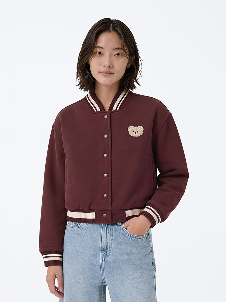 Girls Brown Teddy Detail Cotton-Blend Varsity Jacket