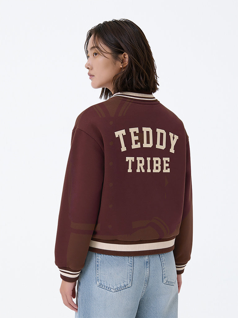 Girls Brown Teddy Detail Cotton-Blend Varsity Jacket