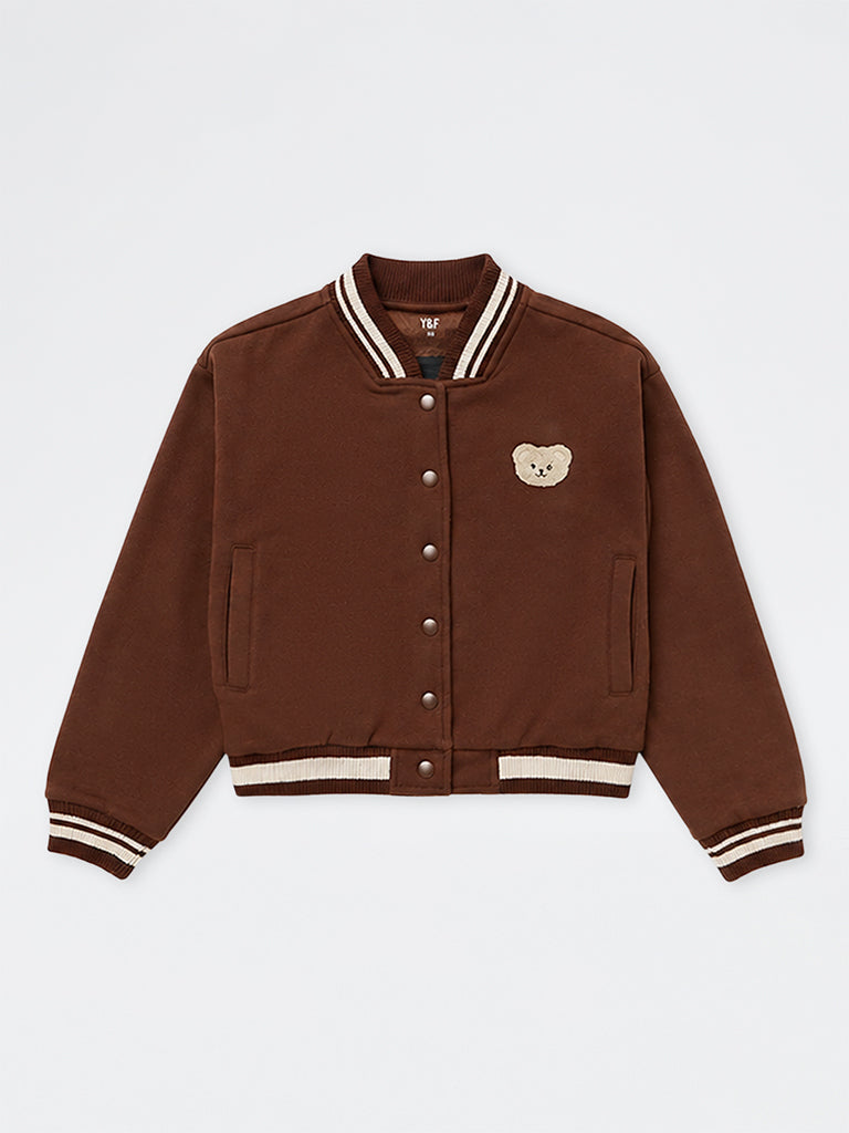Girls Brown Teddy Detail Cotton-Blend Varsity Jacket