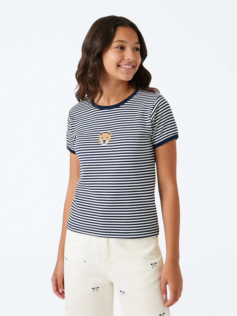 Girls Navy Striped Cotton-Blend T-Shirt
