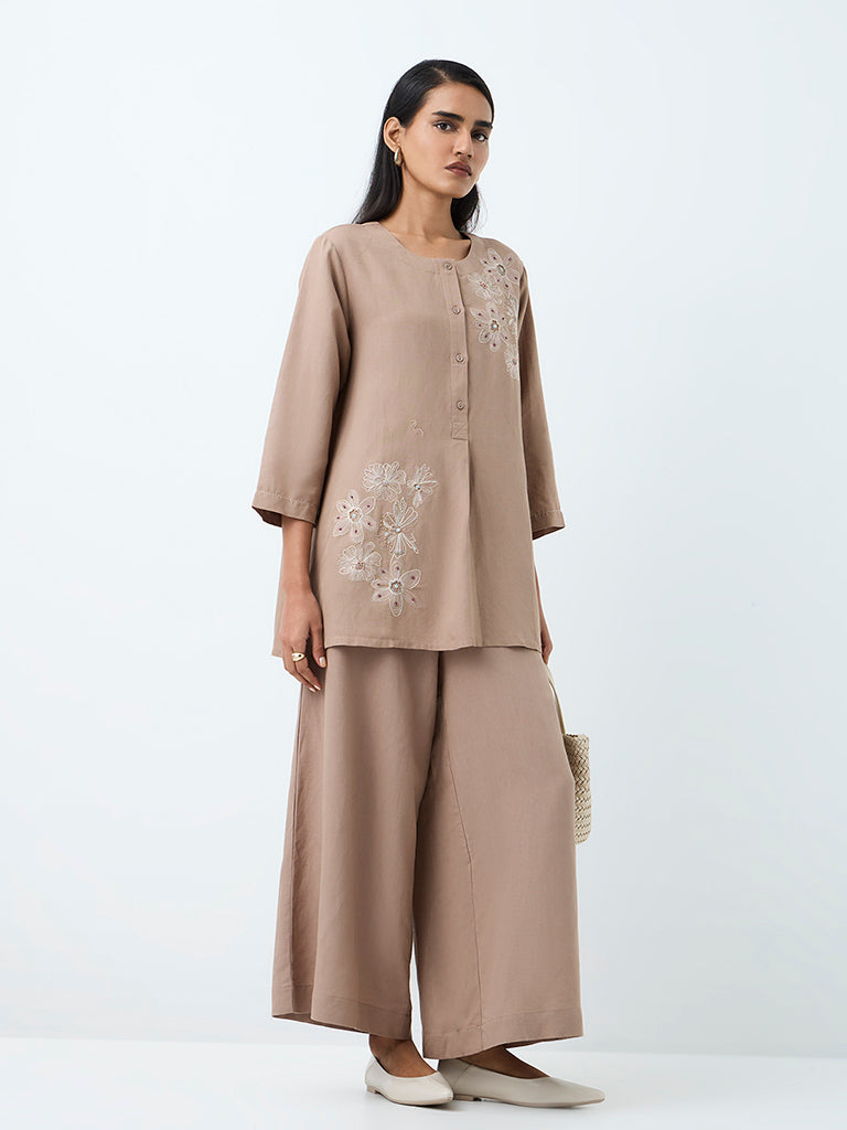 Zuba Dark Taupe Solid Linen-Blend Palazzos